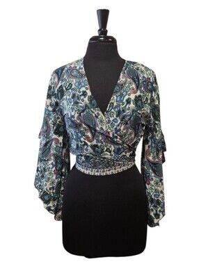 White Waves Boho Paisley Wrap Blouse Teal, Navy & Cream Cropped Tie Hippie Top